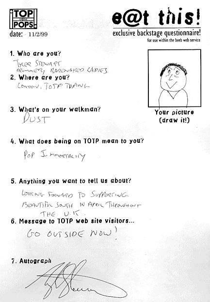 Tyler's Top of the Pops Backstage Questionnaire