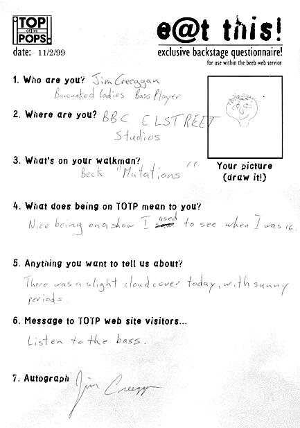Jim's Top of the Pops Backstage Questionnaire